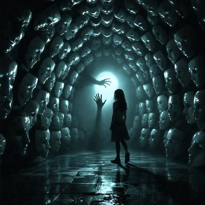 The primary subject of the image is a woman standing in a dark room with a large number of faces surrounding her. The setting appears to be a hallway or a room with a patterned wall. The visual style of the image is a combination of a photo and digital art, creating a surreal and eerie atmosphere. The dominant colors in the image are dark shades, with the faces and the woman's dress being the main focus. The overall mood of the image is mysterious and intriguing.